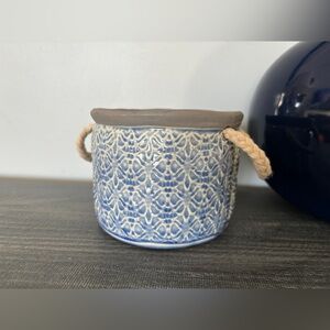 Blue Textured Ceramic Planter with Rope Handles